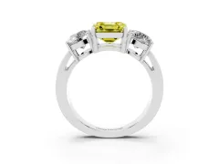 Fancy Yellow Asscher Cut Diamond Three-Stone Ring Set in Silver with Round Side Stones and Classic Band