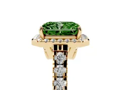 Fancy Green Radiant Cut Diamond Halo Engagement Ring Set in Yellow gold with Pavé Band and Prong-Set Center