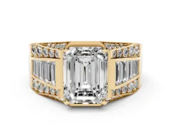 Emerald Cut Diamond Mens Ring Set in Yellow gold with Baguette and Round Side Stones