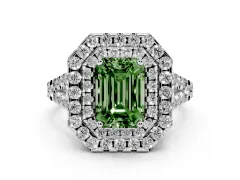 Fancy Green Emerald Cut Diamond Double Halo Ring Set in Silver with Pavé Split Shank and Prong Setting