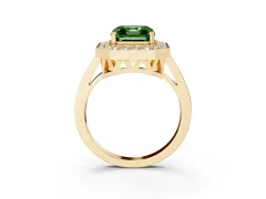 Fancy Green Asscher Cut Diamond Halo Ring Set in Yellow gold with Accent-Lined Split Shank and Prong Setting
