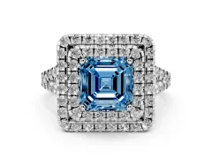 Fancy Blue Asscher Cut Diamond Double Halo Ring Set in Platinum with Pavé Split Shank and Prong Setting