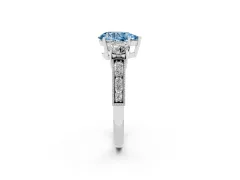 Fancy Blue Pear Cut Diamond Three-Stone Ring Set in White gold with Round Side Stones and Pavé Band