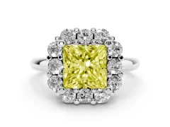Fancy Yellow Princess Cut Diamond Halo Cluster Engagement Ring Set in White gold with Polished Band and Prong Setting