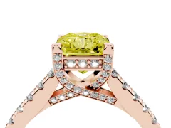 Fancy Yellow Radiant Cut Diamond Solitaire Ring Set in Rose gold with Brilliant Pavé Band and Prong Setting