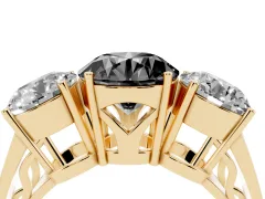 Fancy Black Round Cut Diamond Three-Stone Ring Set in Yellow gold with Textured Band