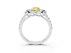 Fancy Yellow Pear Cut Diamond Three-Stone Ring Set in White gold with Round Side Stones and Delicate Pavé Band