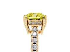 Fancy Yellow Cushion Cut Diamond Solitaire Engagement Ring Set in Yellow gold with Pavé Band and Prong Setting