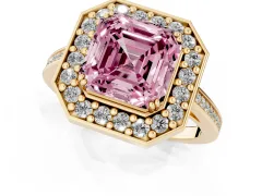 Fancy Pink Asscher Cut Diamond Halo Ring Set in Yellow gold with Accent-Lined Split Shank and Prong Setting