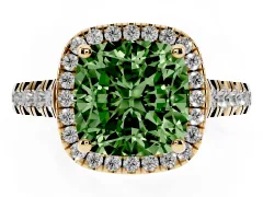 Fancy Green Cushion Cut Diamond Halo Engagement Ring Set in Yellow gold with Pavé Band and Prong-Set Center