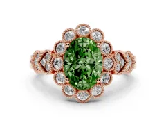 Fancy Green Oval Cut Diamond Solitaire Ring Set in Rose gold with Milgrain Pavé Heart Band