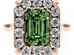 Fancy Green Emerald Cut Diamond Cluster Halo Solitaire Ring Set in Rose gold with Prong Setting
