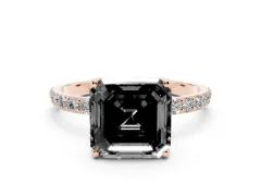 Fancy Black Asscher Cut Diamond Solitaire Engagement Ring Set in Rose gold with Round Pavé Band and Prong Setting