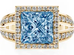 Fancy Blue Princess Cut Diamond Halo Ring Set in Yellow gold with Double Pavé Split Shank