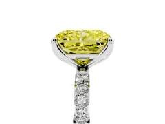 Fancy Yellow Radiant Cut Diamond Solitaire Engagement Ring Set in Silver with Round Pavé Band and Prong Setting