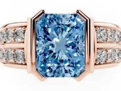 Fancy Blue Radiant Cut Diamond Wide Channel Set Band Ring Set in Rose gold with Bezel Setting