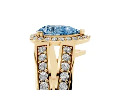 Fancy Blue Pear Cut Diamond Halo Ring Set in Yellow gold with Double Pavé Split Shank