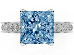 Fancy Blue Princess Cut Diamond Solitaire Ring Set in Platinum with Milgrain-Edged Pavé Band and Prong Setting