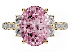 Fancy Pink Oval Cut Diamond Three-Stone Pavé Ring Set in Yellow gold with Prong Setting