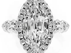 Marquise Cut Diamond Halo Ring Set in Platinum with Filigree Leaf Band and Prong Setting
