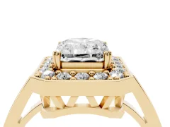 Radiant Cut Diamond Halo Ring Set in Yellow gold with Accent-Lined Split Shank and Prong Setting