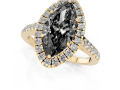 Fancy Black Marquise Cut Diamond Halo Pavé Engagement Ring Set in Yellow gold with Prong Setting