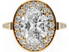 Oval Cut Diamond Halo Ring Set in Yellow gold with Accent-Lined Split Shank and Prong Setting