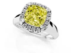 Fancy Yellow Cushion Cut Diamond Halo Solitaire Engagement Ring Set in Platinum with Square Band and Prong Setting