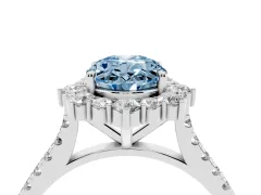 Fancy Blue Oval Cut Diamond Halo Ring Set in Platinum with Pavé Band and Prong Setting