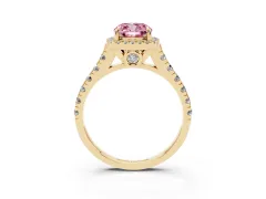 Fancy Pink Cushion Cut Diamond Halo Engagement Ring Set in Yellow gold with Pavé Band and Prong-Set Center
