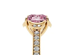 Fancy Pink Princess Cut Diamond Halo Ring Set in Yellow gold with Channel Set Band and Prong Setting