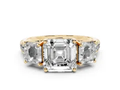 Asscher Cut Diamond Three-Stone Ring Set in Yellow gold with Pavé Band