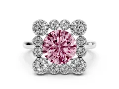 Fancy Pink Round Cut Diamond Cluster Halo Ring Set in Silver with Milgrain Bezel Accents and Plain Band