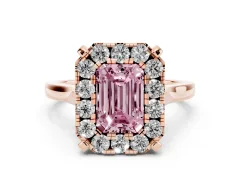 Fancy Pink Emerald Cut Diamond Cluster Halo Solitaire Ring Set in Rose gold with Prong Setting