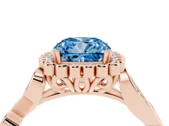 Fancy Blue Cushion Cut Diamond Halo Ring Set in Rose gold with Leaf Motif Split Shank and Prong Setting