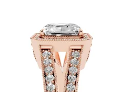 Radiant Cut Diamond Halo Ring Set in Rose gold with Stone-Set Split Shank and Milgrain Edges