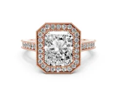Radiant Cut Diamond Halo Milgrain Pavé Band Ring Set in Rose gold with Prong Setting