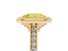Fancy Yellow Radiant Cut Diamond Halo Milgrain Pavé Band Ring Set in Yellow gold with Prong Setting