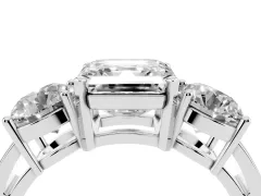 Asscher Cut Diamond Three-Stone Ring Set in White gold with Round Side Stones and Classic Band