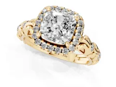 Cushion Cut Diamond Halo Ring Set in Yellow gold with Filigree Leaf Band and Prong Setting