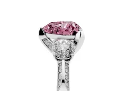 Fancy Pink Heart Cut Diamond Three-Stone Ring Set in Silver with Pavé Band and Smaller Side Stones