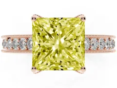 Fancy Yellow Princess Cut Diamond Solitaire Ring Set in Rose gold with Milgrain-Edged Pavé Band and Prong Setting