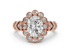 Oval Cut Diamond Solitaire Ring Set in Rose gold with Milgrain Pavé Heart Band