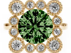 Fancy Green Round Cut Diamond Cluster Halo Ring Set in Yellow gold with Milgrain Bezel Accents and Plain Band