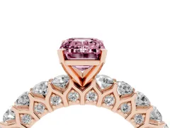Fancy Pink Emerald Cut Diamond Solitaire Ring Set in Rose gold with Shared Prong Pavé Band