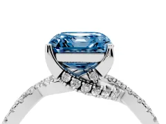Fancy Blue Asscher Cut Diamond Twist Pavé Solitaire Engagement Ring Set in White gold with Prong Setting