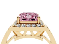 Fancy Pink Princess Cut Diamond Halo Ring Set in Yellow gold with Accent-Lined Split Shank and Prong Setting