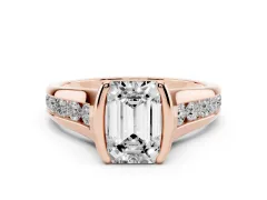 Emerald Cut Diamond Bezel-Set Solitaire Ring Set in Rose gold with Channel-Set Band