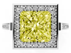 Fancy Yellow Princess Cut Diamond Halo Ring Set in White gold with Accent-Lined Split Shank and Prong Setting