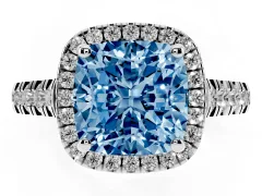 Fancy Blue Cushion Cut Diamond Halo Engagement Ring Set in White gold with Pavé Band and Prong-Set Center